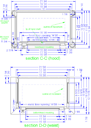 grandfather clock - case top sections C-C, D-D