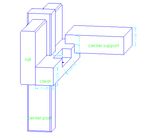 king size bed -- detail view centre support/cleat joint